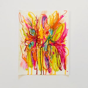 May include: Abstract painting with vibrant colors, including pink, yellow, orange, green, and blue. The painting has a dynamic and energetic feel, with swirling lines and shapes.