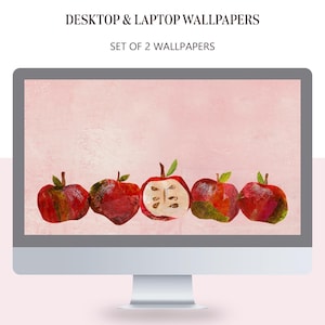 May include: A digital illustration of a set of two desktop and laptop wallpapers featuring a row of red apples on a pink background. One apple is cut in half, revealing the seeds inside.