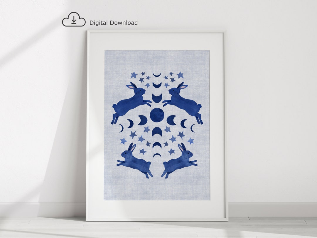 Blue Moon Bunny Rabbit Cut Paper Collage Digital Download Printable ...
