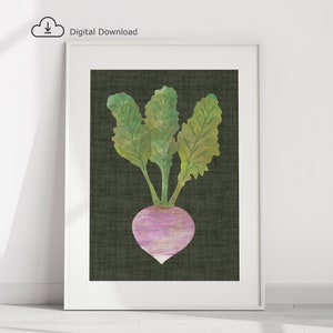 May include: A digital download of a printable art print featuring a watercolor illustration of a pink turnip with green leaves on a dark green background.