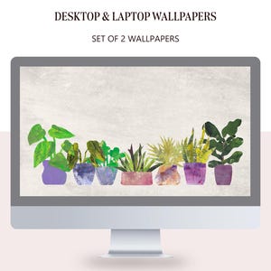May include: A computer screen displaying a digital illustration of a row of potted plants with green leaves and purple pots. The text "DESKTOP & LAPTOP WALLPAPERS" and "SET OF 2 WALLPAPERS" is displayed above the image.