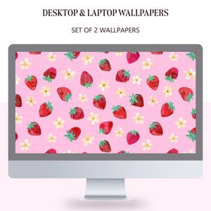 May include: A computer screen displaying a pink background with a repeating pattern of red strawberries and white flowers. The text "DESKTOP & LAPTOP WALLPAPERS" and "SET OF 2 WALLPAPERS" is displayed at the top of the screen.