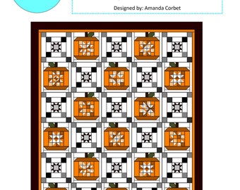 Op de afbeelding: Een quiltpatroonset met een ontwerp van oranje pompoenen met zwarte en witte accenten. Het patroon heet "Pumpkins Oh My!" en is ontworpen door Amanda Corbet. De tekst "#PumpkinsOhMyQuilt and #PumpkinsOhMy on social media" staat onderaan de afbeelding.