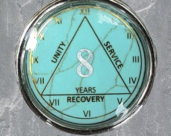 Handmade Turquoise AA Medallion, Silver Aluminum, Recovery Gift