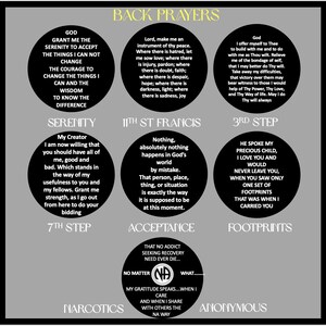 May include: A gray graphic display titled BACK PRAYERS featuring eight black circular icons with white text. The circles contain various spiritual and recovery-themed prayers and steps, including Serenity, 11th St Francis, 3rd Step, and Narcotics Anonymous.