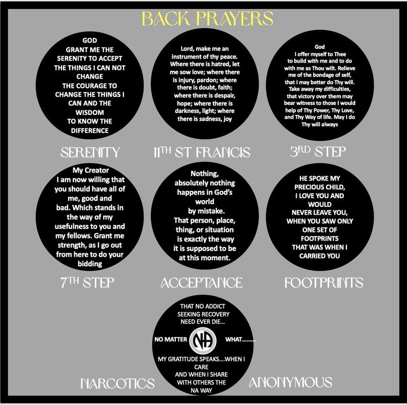May include: A gray graphic display titled BACK PRAYERS featuring eight black circular icons with white text. The circles contain various spiritual and recovery-themed prayers and steps, including Serenity, 11th St Francis, 3rd Step, and Narcotics Anonymous.