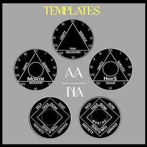 May include: A set of five black circular templates with white text and symbols. Three circles feature triangles with the words UNITY, SERVICE, and RECOVERY. Two circles feature squares with the words SELF, FREEDOM, GOD, SOCIETY, GOODWILL, and SERVICE.