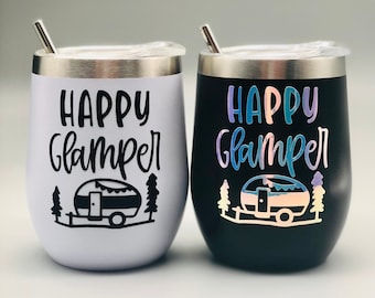Happy Glamper Stainless Steel Wine Tumbler 12 oz with Lid & Stainless Steel Straw | Camping | Camper | Hiking | Climbing | Mountains