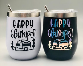 Happy Glamper Stainless Steel Wine Tumbler 12 oz with Lid & Stainless Steel Straw | Camping | Camper | Hiking | Climbing | Mountains