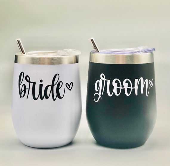 Bride & Groom Stainless Steel Wine Tumbler 12 oz w/ Lid, Stainless Steel Straw and Cleaner-Honeymoon | Wedding | Engagement | Bride | Groom