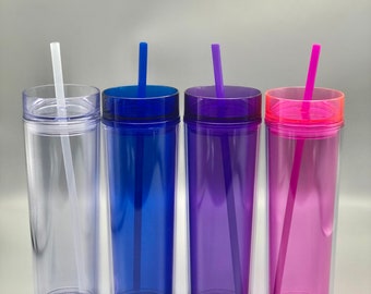 Blank Skinny Acrylic Tumbler 16 oz with Lid & Plastic Straw | 7 tumbler colors available! | Gift
