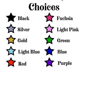 May include: A chart showing glitter vinyl color choices. The colors are black, silver, gold, light blue, red, fuchsia, light pink, green, blue, and purple.