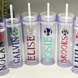 Personalized Skinny Acrylic Tumbler 16 oz with Lid & Plastic Straw | Soccer Ball | Heart | Number | Team