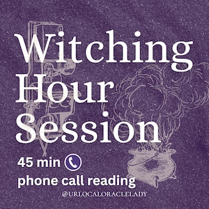 Puede incluir: Un gráfico morado con el texto blanco Witching Hour Session, 45 min phone call reading y @URLOCALORACLELADY. El diseño incluye una ilustración lineal de un teléfono antiguo y un caldero humeante sobre un fondo texturizado.