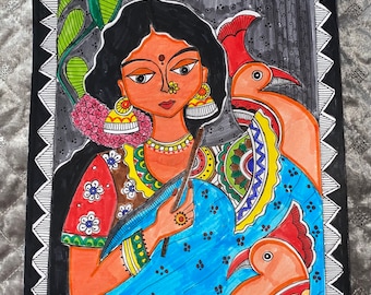 May include: A colorful painting of a woman with a blue sari and two peacocks. The woman is holding a stick and has a flower in her hair. The background is black with green and gray details.
