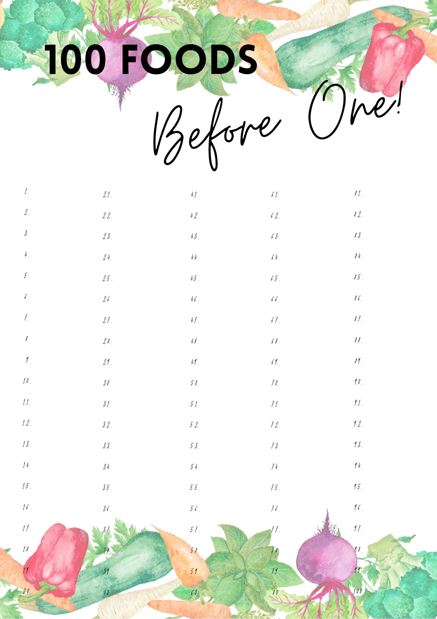 100 Foods Before 1 Printable