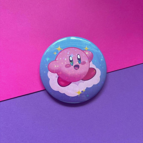 Kirby Button Badges Holographic, Tin Back 2.28" (58mm) Cute Pinback Buttons