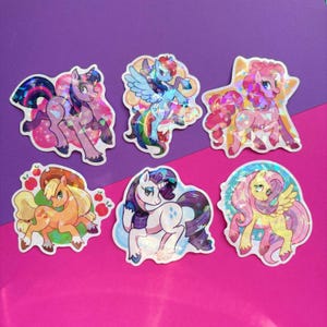 MLP Mane 6 Holographic Stickers, 3&quot; (7.6cm) Vinyl Stickers Twilight Sparkle, Rarity, Fluttershy, Rainbow Dash, Applejack, Pinkie Pie