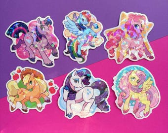 MLP Mane 6 Holographic Vinyl Stickers 3 Inch, Twilight Sparkle, Rarity, Fluttershy, Rainbow Dash, Applejack, Pinkie Pie