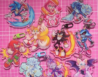 May include: A set of ten colorful acrylic keychains featuring characters from the Sonic the Hedgehog video game franchise. The characters include Sonic, Tails, Knuckles, Amy, Shadow, Metal Sonic, Rouge, and Blaze. Each keychain is approximately 2 inches tall and features a clear acrylic background with a colorful character design.