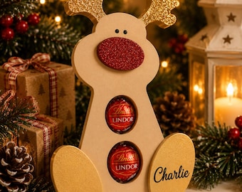 Personalised Reindeer Lindt Chocolate Holder | Wooden Christmas Gift | Custom Name Christmas Decoration | Secret Santa Gift