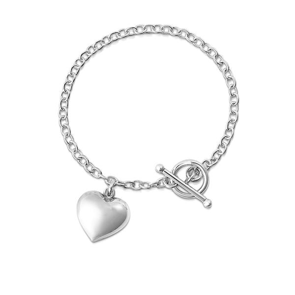 Italian 925 Sterling Silver Toggle Puffed Heart Charm Bracelet 7.5 Inches For Women Made In Italy