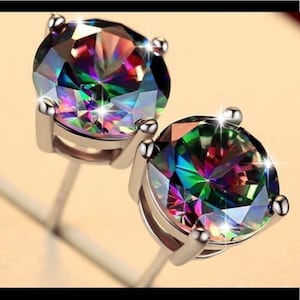 925 Sterling Silver 2.00 CTTW 6mm Round Cut Mystic Topaz CZ Stud Earrings For Women, Push Back Closure