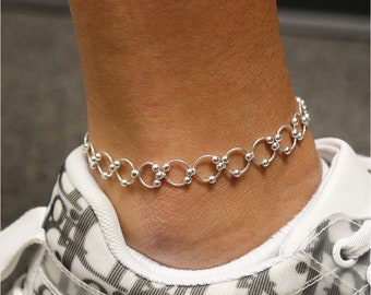 Italian 925 Solid Sterling Diamond Cut Beaded Circle Anklet Chain 9" or 10", Spring Clasp, Made In Italy