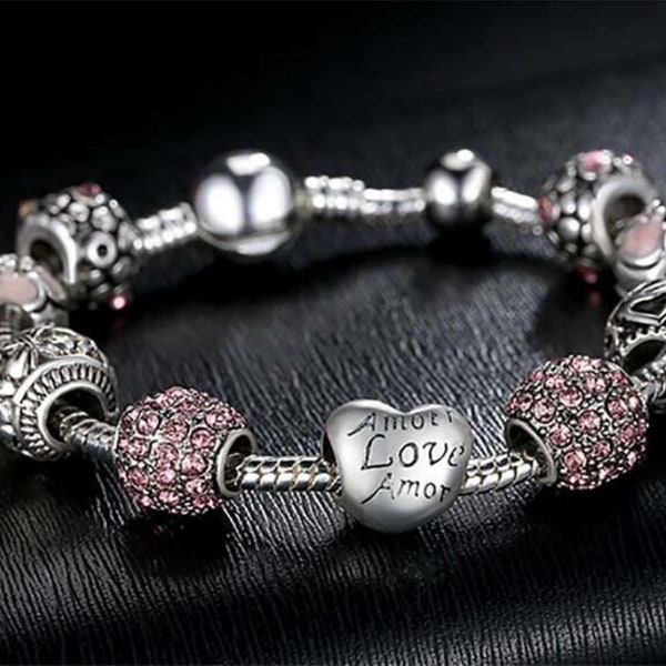 18K White Gold Plated Pink Crystal Love Heart CZ Charm Bracelet For Women Made with Swarovski Element - 7.5", Jewelry Gift