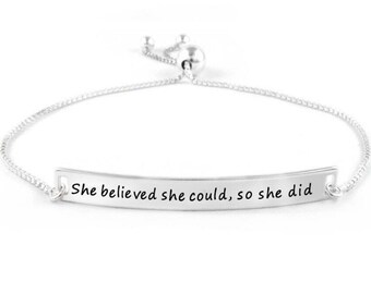 925 Sterling Silver "She believed she could, so she did" Adjustable Bolo Engraved Bracelet Up To 9", Women Girls, Jewelry Gift Idea