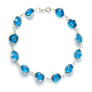 Solid 925 Sterling Silver 10MM Crystal Evil Eye Charm Bracelet 7.5, All Colors Multi Color, Dark Blue, Red, Light Blue, Lavender, Green, Light Blue