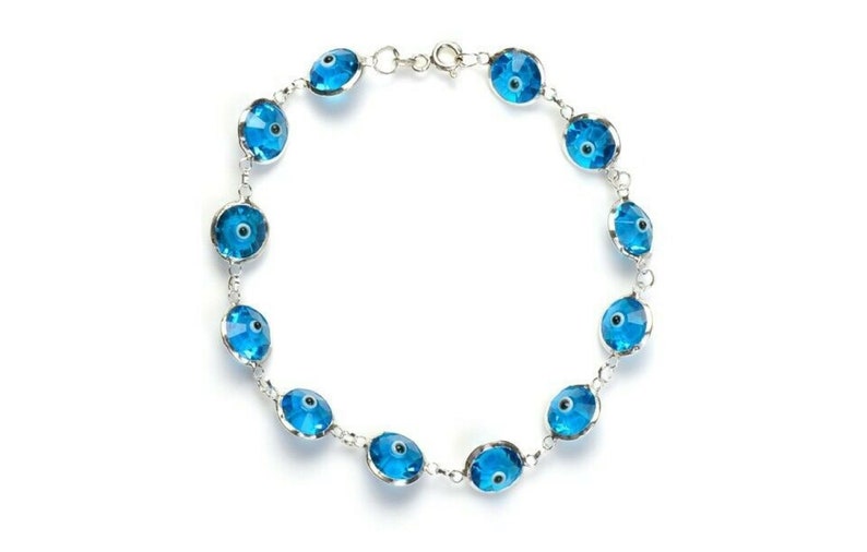 Solid 925 Sterling Silver 10MM Crystal Evil Eye Charm Bracelet 7.5, All Colors Multi Color, Dark Blue, Red, Light Blue, Lavender, Green, Light Blue