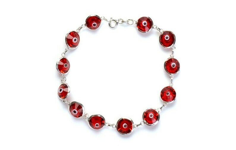 Solid 925 Sterling Silver 10MM Crystal Evil Eye Charm Bracelet 7.5, All Colors Multi Color, Dark Blue, Red, Light Blue, Lavender, Green, Red