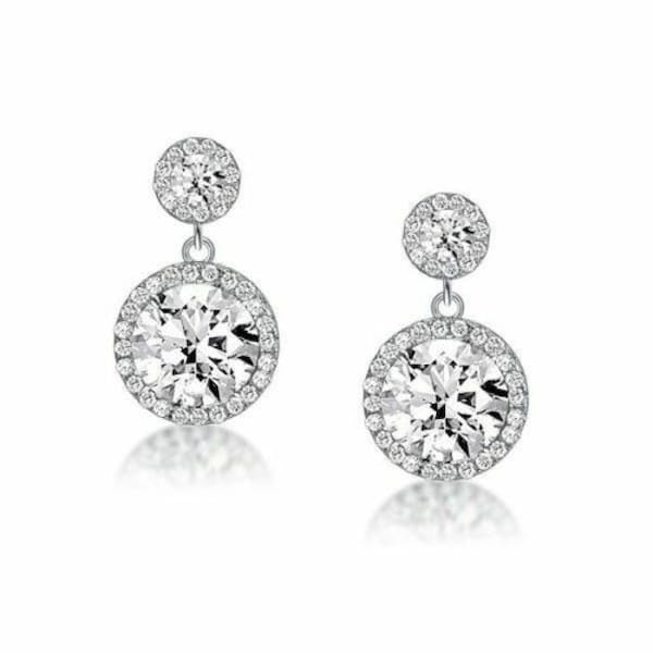 18k White Gold Plated CZ Round Cut Double Halo Graduated Drop Stud Earrings For Women Made With Crystals From Swarovski