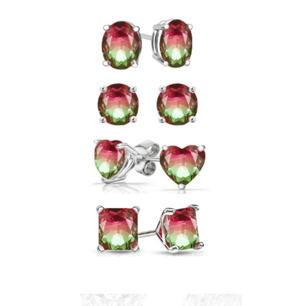 Solid 925 Sterling Silver Watermelon Tourmaline 2.00 CT Cz Stud Earrings - 4 Styles, Round Cut, Oval Cut, Heart Cut, and Princess Cut