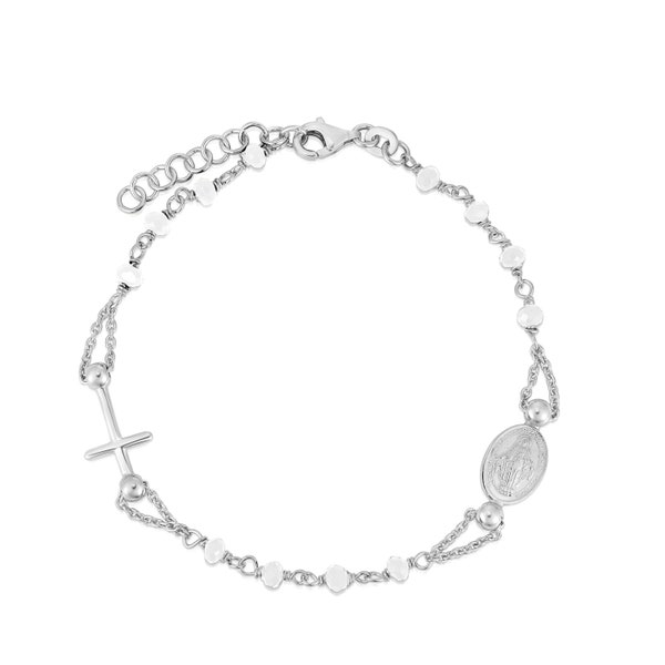 Italian 925 Sterling Silver Rosary Cross Crystal Charm Bracelet, Adjustable From 7"- 8.5", For Women and Girls