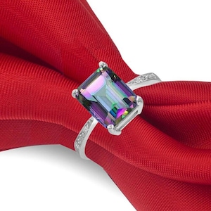 4.00 CTTW Genuine Mystic Emerald Cut Solid 925 Sterling Silver, Ring Sizes 6 - 9, Band Width 3mm, For Women Jewelry Gift