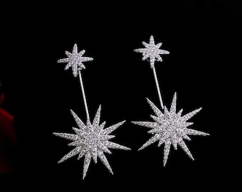 18k White Gold Plated Graduated Starburst Post Drop Earrings For Women, Made With Swarovski Elements