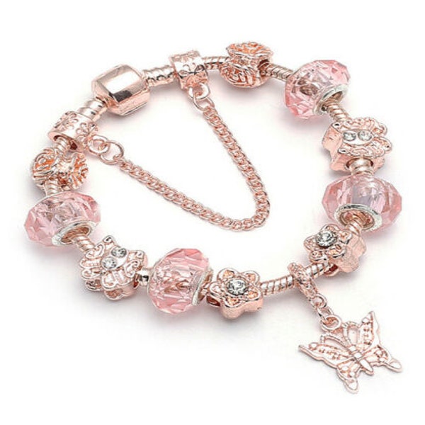 18K Rose Gold Plated Pink Crystal Butterfly & Flower Cz Charm Bracelet Made With Swarovski Elements , 7.5 Inch, For Women Jewelry Gift
