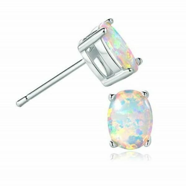 Solid .925 Sterling Silver 7 X 5MM White Fire Opal Oval Cut Stud Earrings For Women, Pushback Closure, Stamped 925, Jewelry Gift