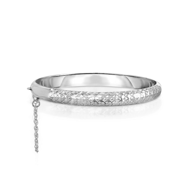 Solid 925 Sterling Silver 7MM Diamond Cut Bangle Bracelet For Women, 7" Bracelet, Box Safely Lock With Chain, Made In Italy