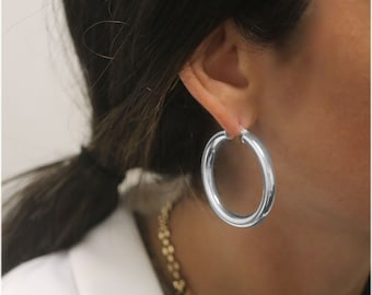 5MM Thick Solid 925 Sterling Silver 40MM French Lock Hoop Earrings, Stamped 925, Made In Italy