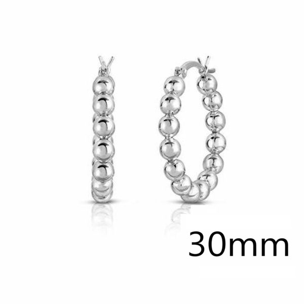 925 Solid Sterling Silver Bead Ball Hoop Earrings For Women, 30mm & 35mm Hoops, 925 Stamped, Made In Italy