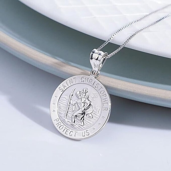 925 Solid Sterling Silver 20MM Saint Christopher Religious Round Pendant Necklace 16"-24"