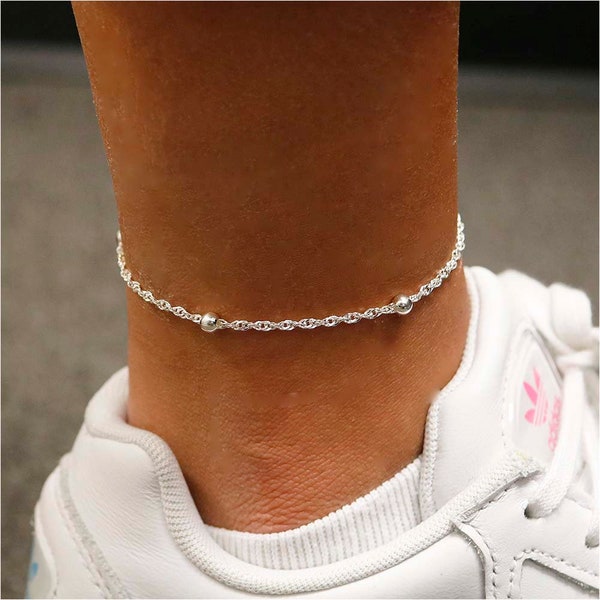 Italian 925 Solid Sterling 2MM Diamond Cut Beaded Singapore Anklet Chain 9" or 10", Spring Clasp, Made In Italy