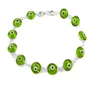 Solid 925 Sterling Silver 10MM Crystal Evil Eye Charm Bracelet 7.5, All Colors Multi Color, Dark Blue, Red, Light Blue, Lavender, Green, Green