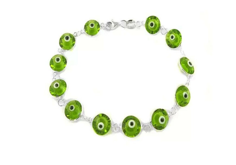 Solid 925 Sterling Silver 10MM Crystal Evil Eye Charm Bracelet 7.5, All Colors Multi Color, Dark Blue, Red, Light Blue, Lavender, Green, Green