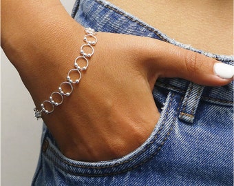 Italian 925 Solid Sterling Diamond Cut Beaded Circle Bracelet Chain 7"or 8" Option, Spring Clasp, Made In Italy