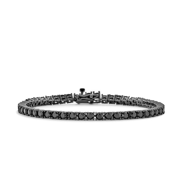 Women's Solid 925 Sterling Silver 4mm Round Cut Black CZ Tennis Chain Bracelet, 7.25" Inches, Secure Strong Safety Clasp