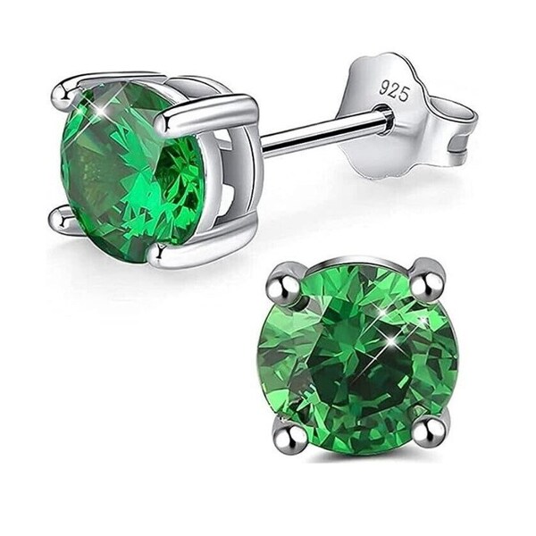 925 Sterling Silver 2 ct Green Emerald Round Cut Stud Earrings 6MM For Women and Girls Jewelry Gift